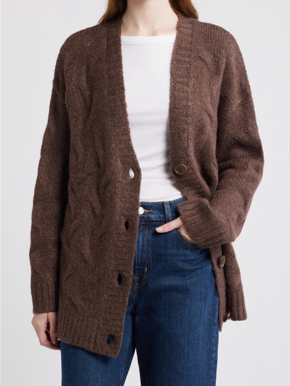 Treasure & Bond Chocolate Brownoversized Cable-Knit Cardigan